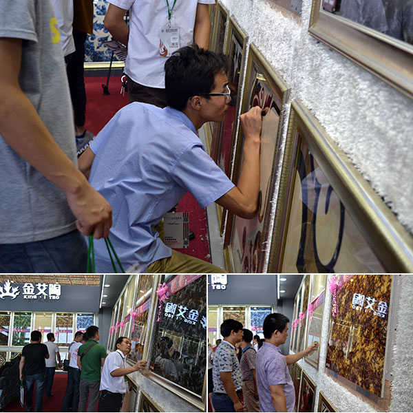 现场客商仔细观摩pp电子2.0路厚系列爆晶微晶石